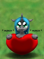 Size: 768x1024 | Tagged: safe, artist:a8702131, queen chrysalis, g4, chibi, cute, cutealis, eating, fangs, female, heart, looking at you, puffy cheeks, smiling, solo, valentine's day