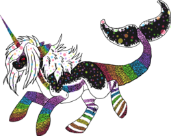 Size: 1524x1216 | Tagged: safe, artist:thatcrazyshaman, oc, oc only, narwhal pony, body markings, colored horn, donut steel, ears back, facial markings, fish tail, fursona, horn, multicolored horn, pale belly, pointillism, rainbow horn, red eyes, sparkelpone, stripes, tail, trypophobia, words fail me