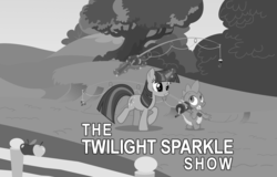 Size: 2001x1280 | Tagged: safe, artist:bongo, spike, twilight sparkle, g4, black and white, fishing, fishing rod, gem, grayscale, parody, the andy griffith show, title card, wallpaper