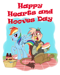 Size: 1200x1500 | Tagged: safe, artist:madmax, rainbow dash, oc, oc:paharita, griffon, pegasus, pony, fallout equestria, fallout equestria: anywhere but here, g4, cardboard cutout, fanfic, female, happy, hearts and hooves day, hooves, mare, ministry mares, open mouth, picnic, text, wings