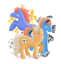 Size: 900x939 | Tagged: safe, artist:chibiworks, ace, lancer, teddy, earth pony, pony, g1, my little pony tales, bipedal, female, football, male, rearing, simple background, transparent background, trio