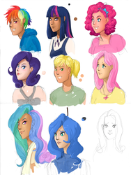 Size: 900x1200 | Tagged: safe, artist:bellacielo, applejack, fluttershy, pinkie pie, princess celestia, princess luna, rainbow dash, rarity, human, g4, humanized