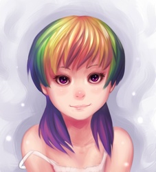 Size: 700x770 | Tagged: safe, artist:ninjaham, rainbow dash, human, g4, bust, clothes, humanized, looking at you, off shoulder, solo