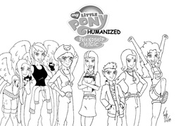 Size: 2021x1445 | Tagged: safe, artist:xpv360, applejack, fluttershy, pinkie pie, rainbow dash, rarity, spike, twilight sparkle, human, g4, clothes, front knot midriff, humanized, midriff, monochrome, skirt, winged humanization