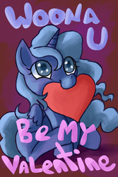 Size: 1200x1800 | Tagged: safe, artist:fauxsquared, princess luna, pony, g4, card, cute, female, filly, heart, solo, valentine's day, woona
