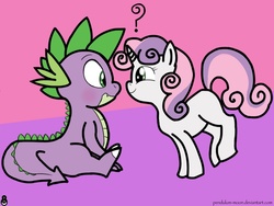 Size: 1024x768 | Tagged: safe, artist:pendulum-moon, spike, sweetie belle, g4, cute, diasweetes, female, interspecies, male, ship:spikebelle, shipping, spikabetes, straight