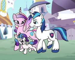 Size: 1676x1330 | Tagged: safe, artist:dragonblood6400, princess cadance, shining armor, oc, g4, filly, offspring, parent:princess cadance, parent:shining armor, parents:shiningcadance