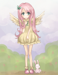 Size: 900x1171 | Tagged: safe, artist:felynea, angel bunny, fluttershy, g4, blushing, clothes, dress, humanized, skinny, thin, winged humanization