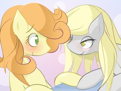 Size: 1040x781 | Tagged: safe, artist:v-invidia, carrot top, derpy hooves, golden harvest, pegasus, pony, g4, bedroom eyes, blushing, cute, cutie top, duo, female, lesbian, mare, ship:derpytop, shipping, smiling