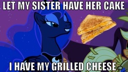 Size: 667x375 | Tagged: safe, edit, edited screencap, screencap, princess luna, g4, luna eclipsed, clothes, costume, duo, glorious grilled cheese, grilled cheese, image macro, nightmare night costume, sandwich, scarecrow, solo focus
