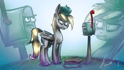 Size: 1191x670 | Tagged: safe, artist:alumx, derpy hooves, pegasus, pony, g4, female, fight, mailbox, mare, wat, zoom layer