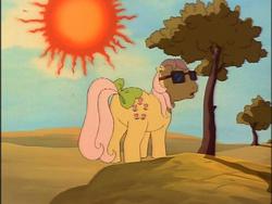 Size: 640x480 | Tagged: safe, screencap, posey, g1, my little pony 'n friends, butt, plot, sun, sunglasses, tree