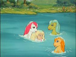 Size: 640x480 | Tagged: safe, screencap, molly williams, ripple (g1), sea shimmer, sun shower, sea pony, g1, my little pony 'n friends, baby sea ponies, hug, wet, wet hair, wet mane