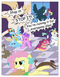 Size: 1024x1316 | Tagged: safe, artist:t-brony, amethyst star, fluttershy, linky, prince blueblood, rainbow dash, rarity, shoeshine, sparkler, kangaroo, monkey, vulture, comic:friendship is tragic, g4, comic sans