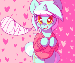 Size: 849x712 | Tagged: safe, artist:mewball, lyra heartstrings, pony, g4, bipedal, clothes, cute, female, heart, i love you, solo, sweater, valentine's day