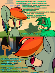 Size: 995x1328 | Tagged: safe, artist:extradan, rainbow dash, oc, oc:cooper cog, pony, g4, artificial horn, dialogue, duo, flutterbot