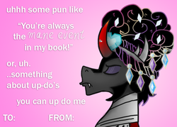 Size: 700x500 | Tagged: safe, artist:wiggles, king sombra, ask king sombra, g4, alternate hairstyle, bust, ceremonial headdress, eyes closed, eyeshadow, makeup, profile, tumblr, valentine, valentine's day