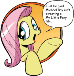 Size: 421x431 | Tagged: safe, idw, fluttershy, g4, comic, comic sans, exploitable meme, good advice fluttershy, meme, michael bay