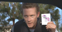 Size: 599x313 | Tagged: safe, sweetie belle, g4, polaroid, robert patrick, t-1000, terminator, wayne's world