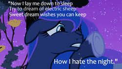 Size: 1280x720 | Tagged: safe, edit, edited screencap, screencap, princess luna, g4, hitchhiker's guide to the galaxy, marvin the paranoid android, quote, text