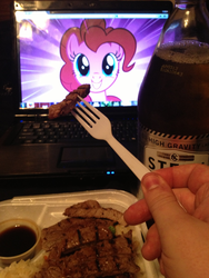 Size: 1000x1333 | Tagged: safe, artist:corwin, pinkie pie, g4, hand, laptop computer, otaku date, photo, steel reserve, teriyaki beef, valentine's day, waifu, waifu dinner