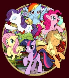 Size: 399x447 | Tagged: safe, artist:sora no anna, applejack, fluttershy, pinkie pie, rainbow dash, rarity, twilight sparkle, butterfly, g4, apple, balloon, book, gem, mane six, pixiv