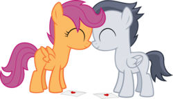 Size: 5463x3137 | Tagged: safe, artist:crimsonlynx97, rumble, scootaloo, pegasus, pony, g4, colt, envelope, female, filly, foal, letter, love letter, male, nuzzling, ship:rumbloo, shipping, simple background, straight, transparent background, valentine