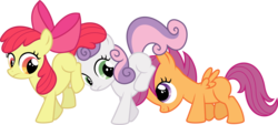 Size: 9724x4393 | Tagged: safe, artist:deadparrot22, apple bloom, scootaloo, sweetie belle, earth pony, pegasus, pony, unicorn, g4, the cutie mark chronicles, absurd resolution, cutie mark crusaders, female, filly, horn, pushing, rump push, show accurate, simple background, transparent background, vector, wings