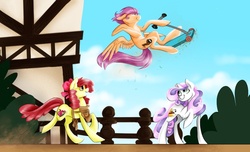 Size: 1125x686 | Tagged: safe, artist:octomoparalysis, apple bloom, scootaloo, sweetie belle, g4, apron, clothes, cutie mark crusaders, older, scooter