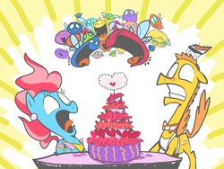 Size: 1280x960 | Tagged: safe, artist:burrburro, carrot cake, cup cake, parasprite, g4, cake