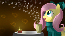 Size: 1920x1080 | Tagged: safe, artist:pon-ea, fluttershy, g4, bow, candle, clothes, cup, heart, sweater, sweatershy, valentine's day