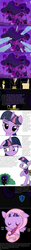 Size: 900x7200 | Tagged: safe, artist:beavernator, twilight sparkle, oc, oc:nyx, alicorn, pony, unicorn, fanfic:past sins, g4, age regression, baby, baby pony, bag, book, bush, candle, comic, eye bag, female, filly, foal, golden oaks library, letter, mare, older, older twilight, ponyville, quill, rebirth, saddle bag, scene interpretation, twilight sparkle (alicorn), unicorn twilight, younger