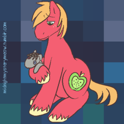 Size: 400x400 | Tagged: source needed, safe, artist:midnightmysterymeow, big macintosh, smarty pants, earth pony, pony, g4, 30 minute art challenge, doll, male, sitting, solo, stallion, toy