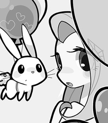 Size: 350x399 | Tagged: safe, artist:haku, angel bunny, fluttershy, g4, balloon, bust, grayscale, monochrome, open mouth, pixiv