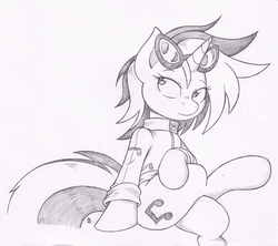 Size: 933x827 | Tagged: safe, artist:joey darkmeat, dj pon-3, vinyl scratch, pony, g4, clothes, female, jacket, monochrome, sketch, solo, traditional art