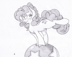 Size: 1169x937 | Tagged: safe, artist:joey darkmeat, pinkie pie, earth pony, pony, g4, balancing, ball, blushing, cute, diapinkes, featured image, female, grayscale, lineart, looking at you, monochrome, party horn, raised leg, sketch, smiling, solo, traditional art
