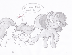 Size: 1064x807 | Tagged: safe, artist:joey darkmeat, scootaloo, sweetie belle, pegasus, pony, unicorn, g4, blushing, female, lesbian, licking, luster dust, monochrome, nom denied, ship:scootabelle, shipping, sketch, sweetie gold, traditional art