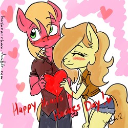 Size: 1200x1200 | Tagged: safe, artist:hasana-chan, big macintosh, braeburn, anthro, g4, 30 minute art challenge, blushing, female, heart, hearts and hooves day, incest, male, ship:braemac, shipping, straight, transgender, valentine