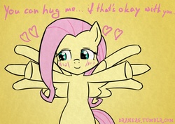 Size: 1000x707 | Tagged: safe, artist:draneas, fluttershy, pegasus, pony, g4, 30 minute art challenge, bipedal, blushing, cute, hug, solo, wavy mouth
