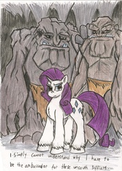 Size: 1633x2278 | Tagged: safe, artist:zubias, rarity, pony, unicorn, g4, cave, crossover, discworld, female, loincloth, mare, signature, traditional art, trio, troll (discworld), unshorn fetlocks