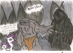 Size: 2338x1700 | Tagged: safe, artist:zubias, rarity, pony, unicorn, g4, cave, clothes, crossover, discworld, female, hood, male, mare, mr. shine, robe, traditional art, trio, troll (discworld)