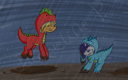 Size: 1024x640 | Tagged: safe, artist:bananafluff, applejack, rarity, dinosaur, g4, costume, grin, rain, raised hoof, smiling, wat, wet mane, wink