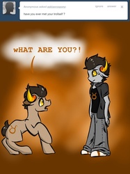 Size: 500x667 | Tagged: safe, artist:asktavrospony, pony, brown background, crossover, duo, homestuck, ponified, self paradox, simple background, species swap, tavros nitram, troll (homestuck)