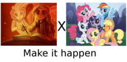 Size: 1178x574 | Tagged: safe, applejack, fluttershy, pinkie pie, rainbow dash, rarity, twilight sparkle, g4, ava ire, ava's demon, exploitable meme, make it happen, mane six, meta, parody, wrathia bellarmina