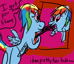 Size: 1280x1120 | Tagged: safe, artist:ihaveprettyface, rainbow dash, pegasus, pony, g4, 30 minute art challenge, butt, female, flower, mare, mirror, plot