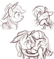 Size: 1043x1132 | Tagged: safe, artist:zestyoranges, applejack, rarity, g4, crying, female, lesbian, rough draft, ship:rarijack, shipping