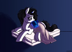 Size: 2550x1832 | Tagged: safe, artist:flyingram, oc, oc only, oc:aby, pony, unicorn, bed, coffee, levitation, magic, tired