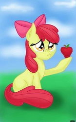 Size: 800x1280 | Tagged: safe, artist:wiggabuysomeapples, apple bloom, earth pony, pony, g4, apple, female, filly, sitting