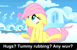 Size: 1024x672 | Tagged: safe, edit, edited screencap, screencap, fluttershy, pegasus, pony, g4, bronybait, caption, cloud, cloudsdale, female, filly, filly fluttershy, floppy ears, foal, solo, younger