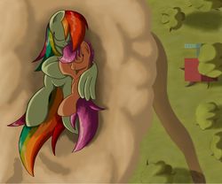 Size: 1200x1000 | Tagged: safe, artist:grennadder, rainbow dash, scootaloo, g4, belly, big hooves, cloud, cuddling, duo, female, filly, foal, hug, long tail, mare, on a cloud, outdoors, scootalove, sleeping, snuggling, tail, vertigo, winghug, wings